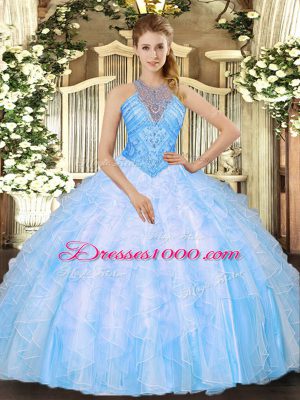 Artistic Baby Blue Sleeveless Beading and Ruffles Floor Length Quinceanera Dress