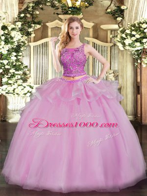 Affordable Lilac Scoop Lace Up Beading Quince Ball Gowns Sleeveless