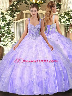 Eye-catching Floor Length Lavender Quinceanera Dresses Tulle Sleeveless Beading and Ruffles