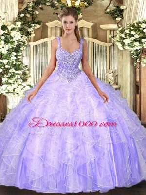 Eye-catching Floor Length Lavender Quinceanera Dresses Tulle Sleeveless Beading and Ruffles