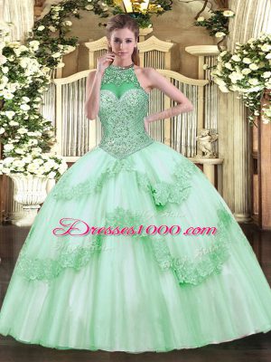 Sleeveless Floor Length Beading and Appliques Lace Up Vestidos de Quinceanera with Apple Green