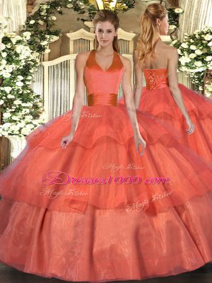 Orange Red Ball Gowns Ruffled Layers Quinceanera Gown Lace Up Tulle Sleeveless Floor Length