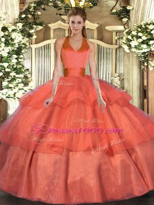 Orange Red Ball Gowns Ruffled Layers Quinceanera Gown Lace Up Tulle Sleeveless Floor Length