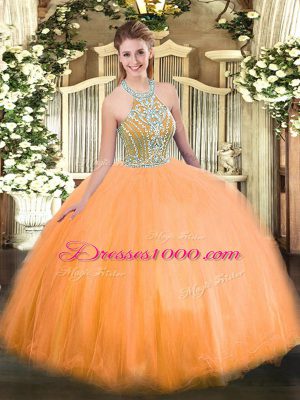 Halter Top Sleeveless Lace Up Quinceanera Gown Orange Tulle