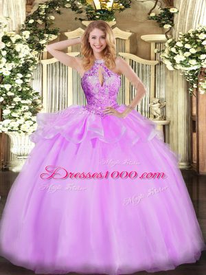 Halter Top Sleeveless Quinceanera Gowns Floor Length Beading Lilac Organza