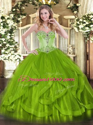 Olive Green Ball Gowns Beading and Ruffles Quinceanera Dress Lace Up Organza Sleeveless