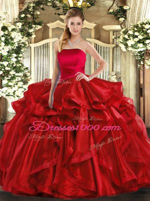 Red Strapless Lace Up Ruffles Quinceanera Dresses Sleeveless