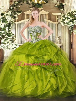Beading and Ruffled Layers Quinceanera Dress Olive Green Lace Up Sleeveless Floor Length