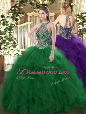 Sophisticated Sleeveless Organza Floor Length Lace Up 15th Birthday Dress in Green with Beading and Ruffles