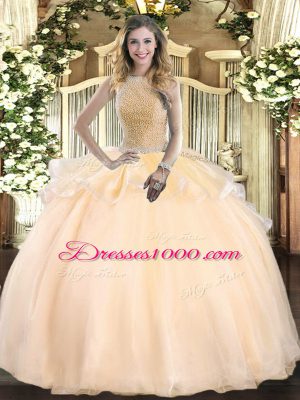Beauteous Floor Length Lace Up 15th Birthday Dress Peach for Military Ball and Sweet 16 and Quinceanera with Beading
