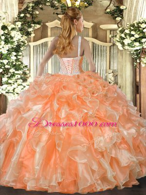 Rose Pink Ball Gowns High-neck Sleeveless Organza Floor Length Lace Up Beading and Ruffles Quinceanera Gowns