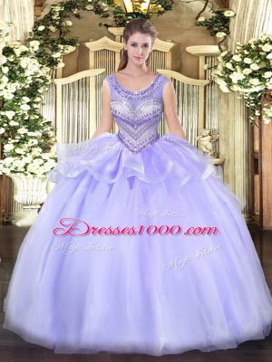 Lavender Ball Gowns Beading 15th Birthday Dress Lace Up Organza Sleeveless Floor Length