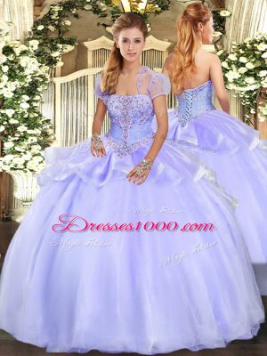 Charming Floor Length Lace Up Ball Gown Prom Dress Lavender for Military Ball and Sweet 16 and Quinceanera with Appliques