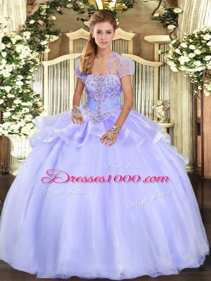 Charming Floor Length Lace Up Ball Gown Prom Dress Lavender for Military Ball and Sweet 16 and Quinceanera with Appliques