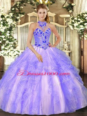 Colorful Lavender Halter Top Lace Up Embroidery and Ruffles Quinceanera Dress Sleeveless
