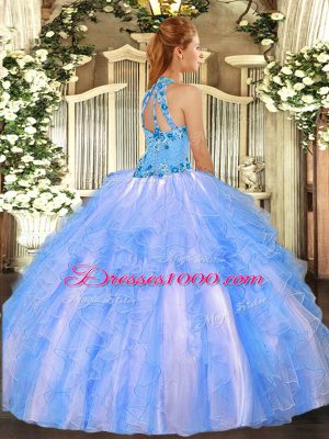 Colorful Lavender Halter Top Lace Up Embroidery and Ruffles Quinceanera Dress Sleeveless