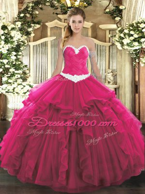 Hot Pink Sleeveless Appliques and Ruffles Floor Length Vestidos de Quinceanera