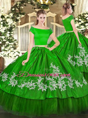 Short Sleeves Organza and Taffeta Floor Length Zipper Quinceanera Gown in Green with Embroidery