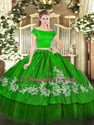 Short Sleeves Organza and Taffeta Floor Length Zipper Quinceanera Gown in Green with Embroidery