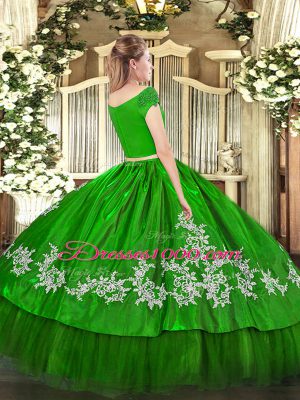 Short Sleeves Organza and Taffeta Floor Length Zipper Quinceanera Gown in Green with Embroidery