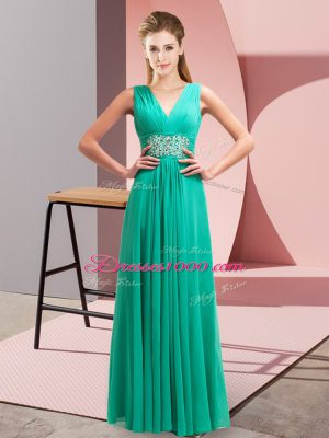 Sleeveless Chiffon Floor Length Side Zipper Prom Dress in Turquoise with Beading and Ruching