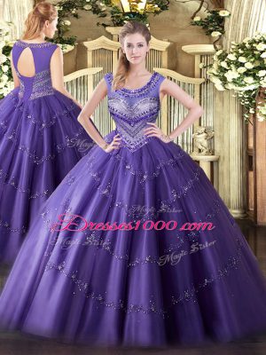 Discount Purple Sleeveless Beading and Appliques Floor Length Quince Ball Gowns