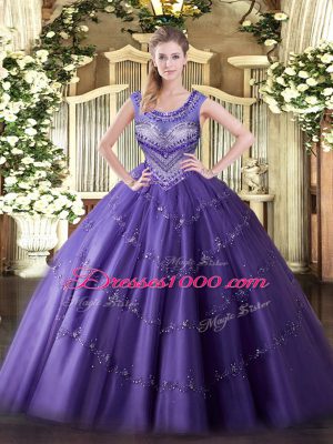 Discount Purple Sleeveless Beading and Appliques Floor Length Quince Ball Gowns