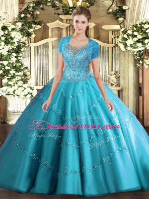 Aqua Blue 15 Quinceanera Dress Military Ball and Sweet 16 and Quinceanera with Beading and Appliques Scoop Sleeveless Clasp Handle