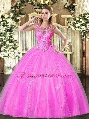 Best Lilac Ball Gowns Scoop Sleeveless Tulle Floor Length Lace Up Beading 15 Quinceanera Dress