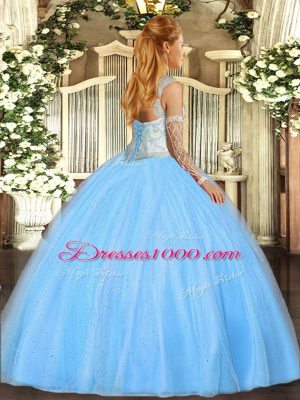 Best Lilac Ball Gowns Scoop Sleeveless Tulle Floor Length Lace Up Beading 15 Quinceanera Dress