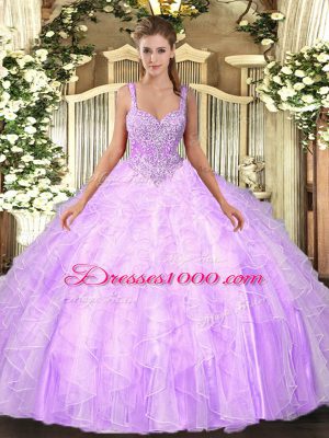 Ideal Floor Length Lilac Quinceanera Gowns Tulle Sleeveless Beading and Ruffles