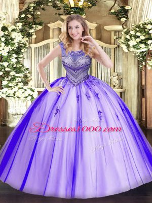 Custom Made Scoop Sleeveless Sweet 16 Dresses Floor Length Beading Lavender Tulle