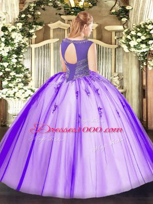 Custom Made Scoop Sleeveless Sweet 16 Dresses Floor Length Beading Lavender Tulle