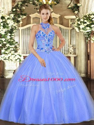 Sexy Blue 15th Birthday Dress Military Ball and Quinceanera with Embroidery Halter Top Sleeveless Lace Up