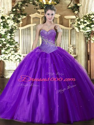 Wonderful Eggplant Purple Quince Ball Gowns Military Ball and Sweet 16 and Quinceanera with Beading Sweetheart Sleeveless Lace Up