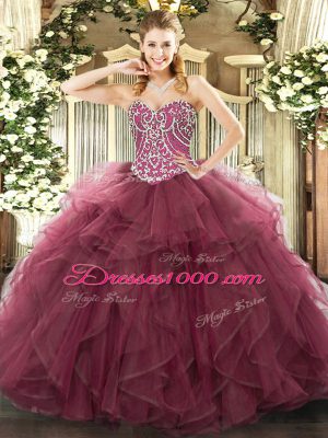 Burgundy Ball Gowns Sweetheart Sleeveless Tulle Floor Length Lace Up Beading and Ruffles Sweet 16 Dress