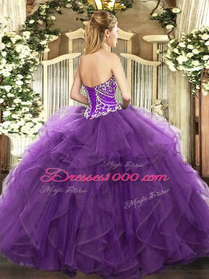 Burgundy Ball Gowns Sweetheart Sleeveless Tulle Floor Length Lace Up Beading and Ruffles Sweet 16 Dress