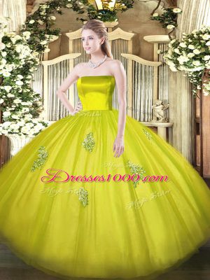 Chic Sleeveless Floor Length Appliques Zipper Quinceanera Gowns with Olive Green