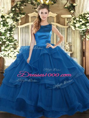 Customized Blue Lace Up Quince Ball Gowns Ruffles Sleeveless Floor Length