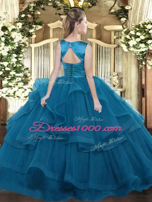Customized Blue Lace Up Quince Ball Gowns Ruffles Sleeveless Floor Length