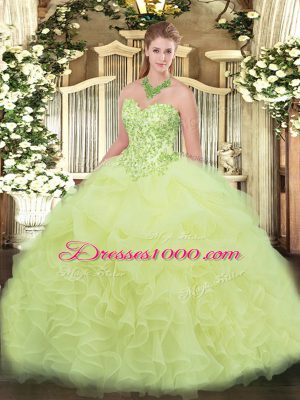 Suitable Yellow Green Lace Up Sweetheart Appliques and Ruffles Sweet 16 Dresses Organza Sleeveless