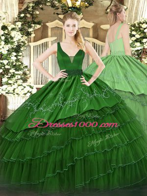Exceptional Straps Sleeveless Vestidos de Quinceanera Floor Length Beading and Embroidery and Ruffled Layers Dark Green Organza and Taffeta