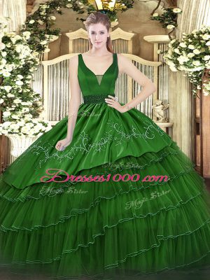 Exceptional Straps Sleeveless Vestidos de Quinceanera Floor Length Beading and Embroidery and Ruffled Layers Dark Green Organza and Taffeta