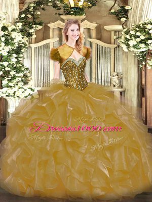 Gold Lace Up Sweet 16 Dress Beading and Ruffles Sleeveless Floor Length