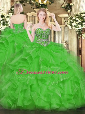 Dramatic Green Lace Up Quinceanera Gown Beading and Ruffles Sleeveless Floor Length