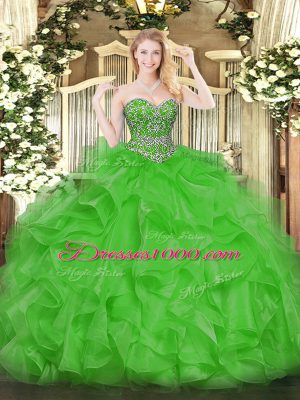 Dramatic Green Lace Up Quinceanera Gown Beading and Ruffles Sleeveless Floor Length