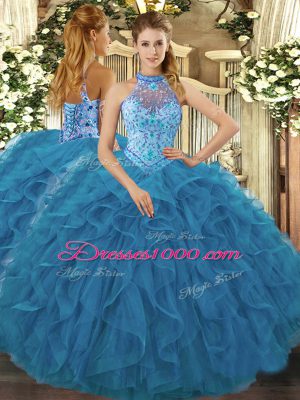 Elegant Sleeveless Organza Floor Length Lace Up Quince Ball Gowns in Teal with Embroidery and Ruffles
