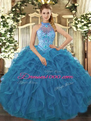 Elegant Sleeveless Organza Floor Length Lace Up Quince Ball Gowns in Teal with Embroidery and Ruffles
