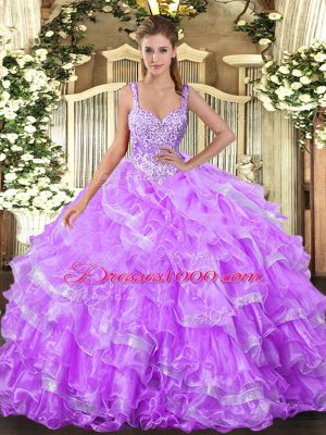 Sumptuous Lilac Lace Up Quinceanera Gowns Beading and Ruffled Layers Sleeveless Floor Length