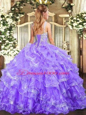 Sumptuous Lilac Lace Up Quinceanera Gowns Beading and Ruffled Layers Sleeveless Floor Length